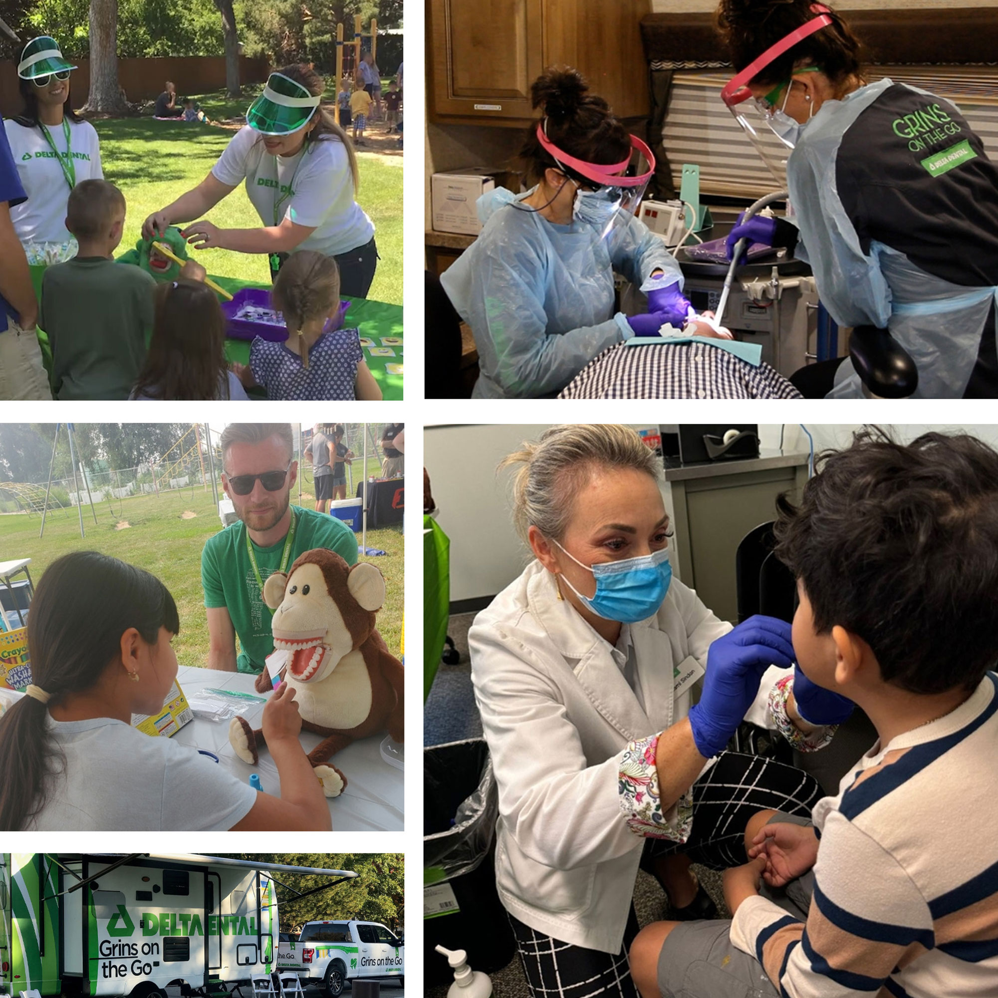 A collage of dentists interacting with children both inside and outside of the dentist office.